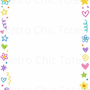 May include: A rectangular border featuring colorful hand-drawn style doodles including smiley faces, hearts, stars, flowers, clouds, and swirls. The design is set against a white background with the repeating text Retro Chic Totes in light gray.