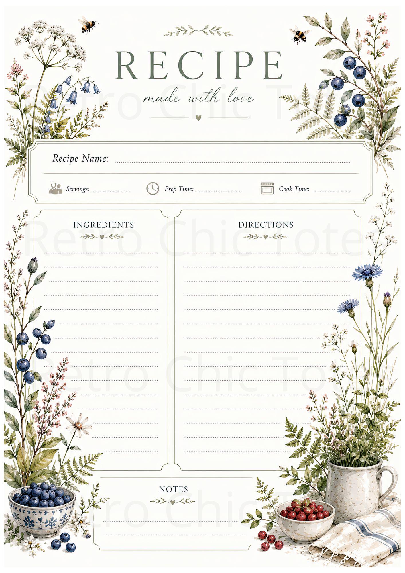 Wildflower Recipe Card Printable, Botanical Kitchen Recipe Sheet, Cottagecore A4 PDF, Vintage Cookbook Recipe Template