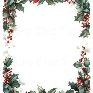 May include: A watercolour illustration of a Christmas border. The design features green holly leaves, red berries, and a red ribbon with a bow. The border is set against a white background, creating a festive holiday theme.
