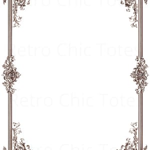 Może przedstawiać: Ozdobna brązowa rama z ozdobnymi narożnikami i pionową obwódką. Rama ma prostokątny kształt z białym środkiem, a w tle widoczne są słowa "Retro Chic Totes".