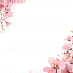 Pode incluir: Um fundo branco com um design floral com flores de cerejeira rosa. As flores estão agrupadas nos cantos, com pétalas delicadas e estames amarelos. O texto "Retro Chic Totes" é parcialmente visível.