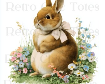 Vintage Bunny PNG with Bow and Flowers, Cute Rabbit Clipart for Easter Crafts, Sublimation, Stickers, Junk Journals