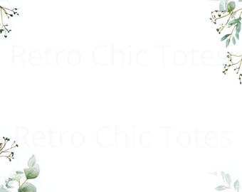 Könnte beinhalten: Ein weißer Hintergrund mit Aquarell-Eukalyptusblättern und -zweigen in Grün- und Grautönen, die einen Rand bilden. Der Text "Retro Chic Totes" ist im Hintergrund schwach sichtbar.