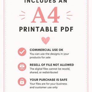 K&ouml;nnte beinhalten: Eine digitale Dokumentengrafik mit rosa Rand und Herzakzenten. Der Text lautet: INCLUDES AN A4 PRINTABLE PDF, COMMERCIAL USE OK, RESELL OF FILE NOT ALLOWED und YOUR PURCHASE IS SAFE. Symbole sind ein H&auml;kchen, ein Geschenk und ein Vorh&auml;ngeschloss.