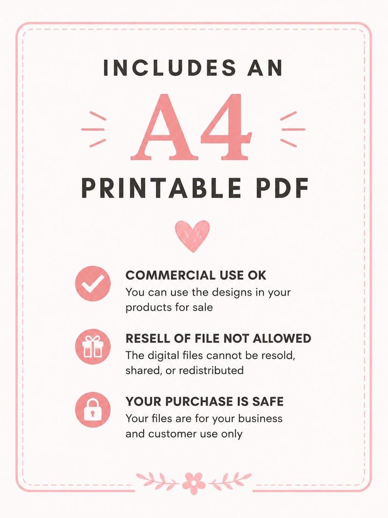 K&ouml;nnte beinhalten: Eine digitale Dokumentengrafik mit rosa Rand und Herzakzenten. Der Text lautet: INCLUDES AN A4 PRINTABLE PDF, COMMERCIAL USE OK, RESELL OF FILE NOT ALLOWED und YOUR PURCHASE IS SAFE. Symbole sind ein H&auml;kchen, ein Geschenk und ein Vorh&auml;ngeschloss.