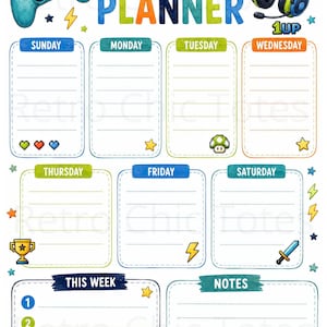May include: A weekly planner sheet featuring a video game theme with the text WEEKLY PLANNER at the top. The design includes illustrations of a blue game controller, headphones, a trophy, a sword, and pixelated hearts, stars, and lightning bolts.