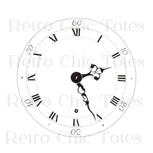 May include: A black and white clock face with Roman numerals and a black hour and minute hand. The clock face is surrounded by a white circle with black markings for the minutes. The clock face reads 60, 50, 40, 30, 20, 10, 0, 10, 20, 30, 40, 50, and 60.