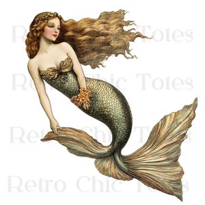 Könnte beinhalten: Eine Vintage-Illustration einer Meerjungfrau mit langen, fließenden braunen Haaren, einem grün-goldenen Fischschwanz und einer Blumenkrone. Sie hält einen Strauß gelber Blumen in der Hand.