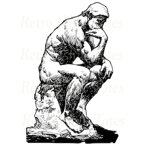 May include: A black and white line drawing of a sculpture of a man sitting with his chin resting on his hand, in a contemplative pose. The sculpture is known as "The Thinker".