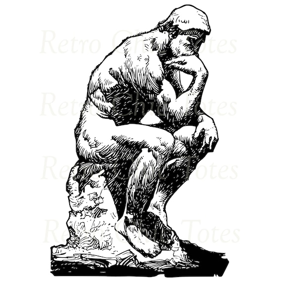 Classic The Thinker Statue Illustration – Digital Download PNG – Vintage Sculpture Clipart for Art Projects, Decor, and Crafts
