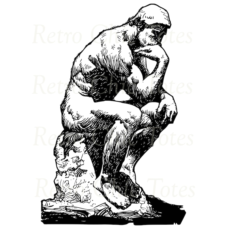 K&ouml;nnte beinhalten: Eine Schwarzwei&szlig;-Zeichnung einer Skulptur eines Mannes, der mit dem Kinn auf der Hand sitzt und in einer nachdenklichen Pose ist. Die Skulptur ist als "Der Denker" bekannt.