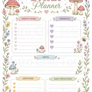 Könnte beinhalten: Eine Tagesplaner-Seite mit dem Text DAILY Planner oben. Das Layout enthält Abschnitte für Tagesaufgaben, Prioritäten, Notizen, Dankbarkeit und Tagesreflexion. Der Rand ist mit bunten Pilzen, Blumen, Bienen und Schmetterlingen verziert.