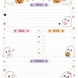 Könnte beinhalten: Ein weißer Papier-Notizblock mit Halloween-Motiven, darunter Cartoon-Geister, orangefarbene Kürbisse und violette Akzente. Das Layout enthält Abschnitte mit den Bezeichnungen NOTES, IDEAS, TO DO und THOUGHTS, verziert mit kleinen Sternen.