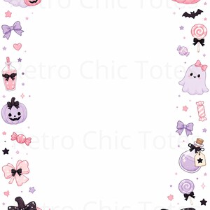 May include: A rectangular border featuring pastel Halloween illustrations including light purple ghosts, pink jack-o'-lanterns, lollipops, candies, purple bows, bats, and a crescent moon. The center is blank white space with faint text reading Retro Chic Totes.