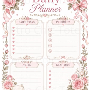 Puede incluir: Una página de planificador diario con rosas rosas, cintas y lazos. El diseño incluye secciones para tareas diarias, prioridades, notas y gratitud. El texto Daily Planner aparece en la parte superior, con listas numeradas y puntos en forma de corazón.