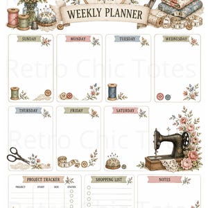 May include: A weekly planner page featuring sewing-themed illustrations including spools of thread, scissors, a pincushion, a measuring tape, fabric stacks, and a sewing machine. The layout includes sections for each day, a project tracker, and a shopping list.