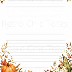 May include: A rectangular sheet of stationery featuring horizontal lines for writing. The top corners are decorated with orange and yellow maple leaves and acorns. The bottom border displays a collection of pumpkins, gourds, and autumn foliage.