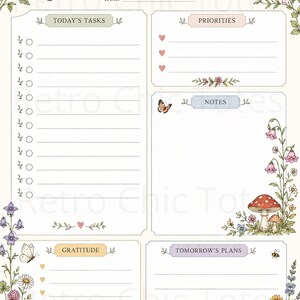 以下が含まれることがあります： Daily PlannerおよびDateというテキストが記載されたデイリープランナーページ。Today's Tasks、Priorities、Notes、Gratitude、Tomorrow's Plansのセクションがあり、蝶、蜂、キノコのイラストで装飾されています。