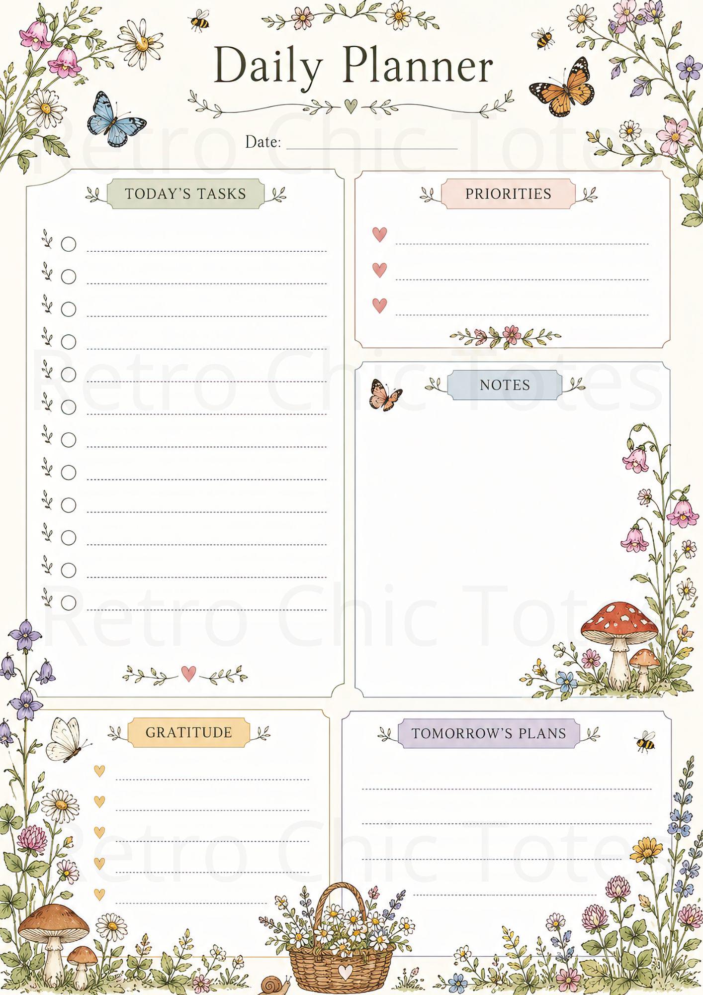 Cottagecore Daily Planner Printable, Floral Mushroom Planner Page PDF ...