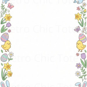 Peut inclure: Une bordure décorative sur le thème de Pâques avec des lapins, des poussins, des œufs, des fleurs et des papillons de dessin animé. Les couleurs pastel, dont le bleu, le jaune, le rose et le violet, créent un design joyeux et festif.