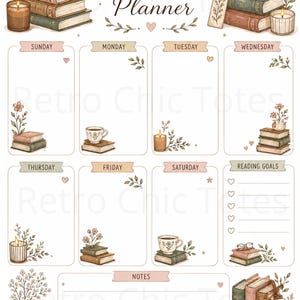 Puede incluir: Una página de planificador semanal con ilustraciones de libros apilados, tazas de té, velas y detalles florales. El diseño incluye secciones para cada día de la semana, una lista de objetivos de lectura y una sección de notas al pie.