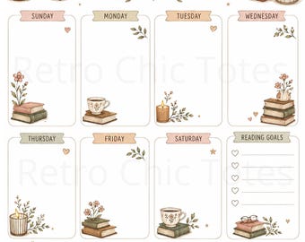 May include: A weekly planner page featuring illustrations of stacked books, teacups, candles, and floral accents. The layout includes sections for each day of the week, a reading goals list with checkboxes, and a notes section at the bottom.