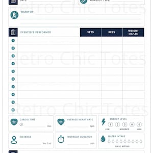 May include: A white workout log sheet with dark blue text and icons. The header reads WORKOUT LOG with dumbbell icons. Sections include date, workout type, warm-up, exercises performed, sets, reps, weight, cardio time, heart rate, energy level, distance, duration, water intake, and notes.