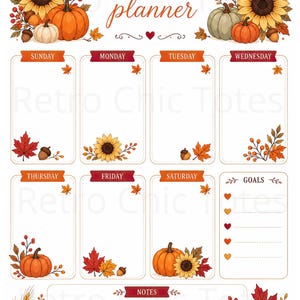 May include: A weekly planner page featuring autumn-themed illustrations of sunflowers, pumpkins, acorns, and maple leaves. The layout includes sections for each day of the week, a goals list with heart icons, and a notes section with a lantern graphic.