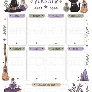 Può includere: Un foglio di pianificazione settimanale a tema stregonesco con un gatto nero con cappello viola, una scopa, boccette di pozioni e una pila di libri intitolati Book of Spells, Potions e Herbal Magic. Il layout include sezioni per ogni giorno.