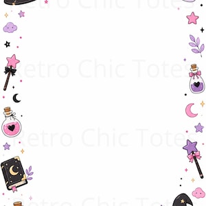 May include: A rectangular border featuring illustrations of black witch hats with pink bows, purple potion bottles, wands with stars, crescent moons with faces, books, and small pink and purple stars. The text Retro Chic Totes is visible.