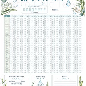 May include: A monthly water tracker printable sheet featuring eucalyptus and bamboo botanical illustrations. The header reads Monthly Water Tracker, with a grid for 31 days, a daily water goal section, a motivation box with text, and a notes area.