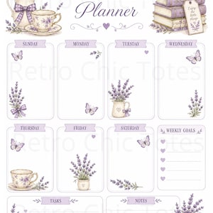 Peut inclure: Une feuille de planning hebdomadaire illustrée de fleurs de lavande, de tasses à thé, de papillons et de livres empilés. Le texte indique Weekly Planner, les jours de la semaine, Weekly Goals, Tasks et Notes. Une étiquette porte l'inscription Enjoy the little things.