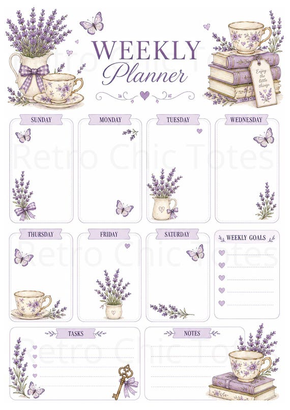 Lavender Weekly Planner Printable PDF, Cottagecore Planner, Floral Weekly Organizer, Sunday Start, A4 Planner Download