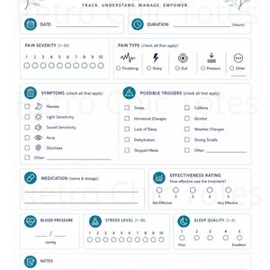 Pode incluir: Uma página de diário de enxaqueca branca com texto azul escuro e detalhes de folhas. Inclui seções para data, duração, intensidade da dor, tipo de dor, sintomas, gatilhos, medicação, eficácia, pressão arterial, estresse e notas.