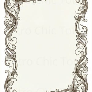 May include: An ornate, rectangular frame with a cream-colored background. The frame is detailed with swirling, floral scrollwork in a dark brown color, creating a vintage or antique aesthetic. The design is symmetrical and elegant.