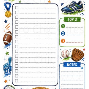 May include: A sports-themed to-do list planner page featuring a central checklist, a Top 3 section, and a notes area. The design includes illustrations of a soccer ball, basketball, football, tennis racket, trophy, baseball, glove, and athletic shoes.