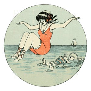 Könnte beinhalten: Eine Frau in einem roten Badeanzug springt ins Wasser, während eine Person in einem gestreiften Badeanzug auf dem Rücken treibt. Die Szene spielt in einem runden Rahmen mit hellblauem Hintergrund und einem Segelboot in der Ferne.