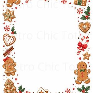 Può includere: Un bordo rettangolare illustrato con omini di pan di zenzero, casette, biscotti a forma di stella, bastoncini di zucchero, bastoncini di cannella e foglie di agrifoglio con bacche rosse. Il design è su sfondo bianco con piccoli punti rossi e verdi.