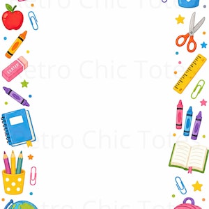 Può includere: Un bordo pagina rettangolare con colorati articoli scolastici tra cui quaderni, pastelli, matite, un mappamondo, uno zaino, forbici, un righello e graffette. Il design è decorato con piccole stelle e puntini su uno sfondo bianco.