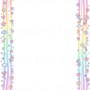 May include: A pastel rainbow-colored border with hearts, stars, clouds, and flowers. The frame has a white interior and is decorated with whimsical doodles. The design is suitable for stationery, invitations, or digital art projects.