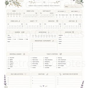 May include: A Menopause Journal tracker page featuring floral illustrations of lavender and daisies. The layout includes sections for mood, energy, sleep, symptoms, exercise, water intake, nutrition, and doctor questions with the text: Honor your journey, embrace your strength and You are not alone. You are blooming.