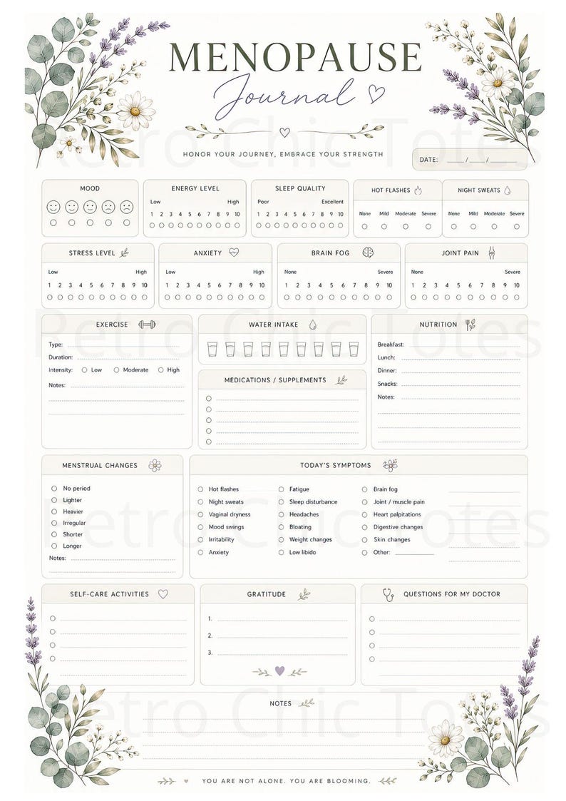 May include: A Menopause Journal tracker page featuring floral illustrations of lavender and daisies. The layout includes sections for mood, energy, sleep, symptoms, exercise, water intake, nutrition, and doctor questions with the text: Honor your journey, embrace your strength and You are not alone. You are blooming.