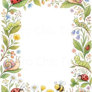 Peut inclure: Illustration à l'aquarelle d'une bordure avec un centre blanc, représentant des insectes et des fleurs de dessins animés. Coccinelles, chenilles, abeilles et escargots sont nichés parmi des feuilles vertes, des fleurs jaunes et des campanules. Thème fantaisiste inspiré de la nature.