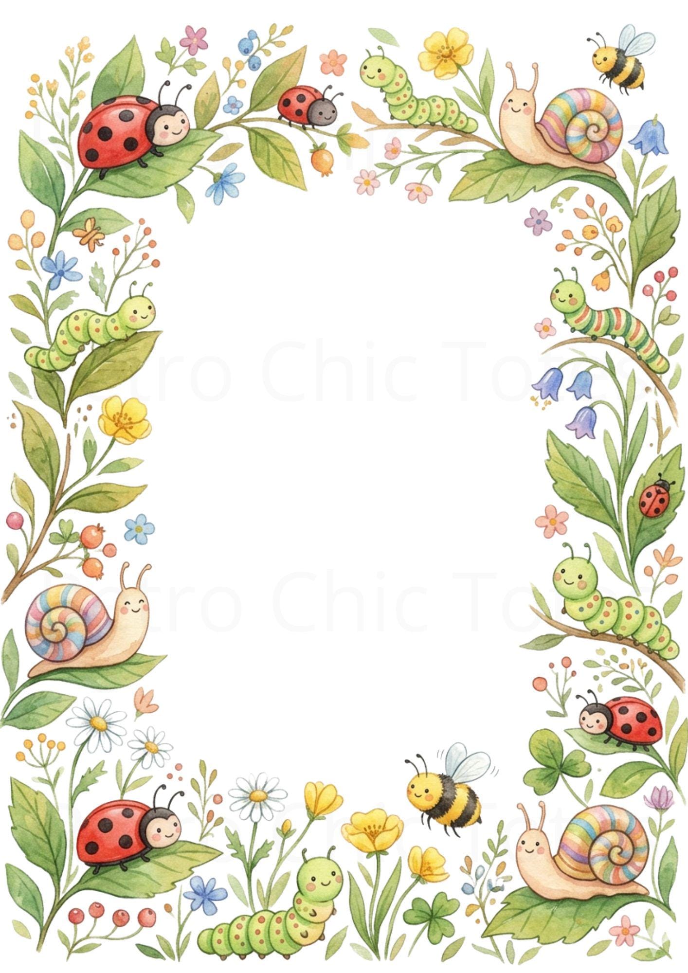 Cute Garden Bug Border A4 Printable, Ladybug Snail Caterpillar Bee ...