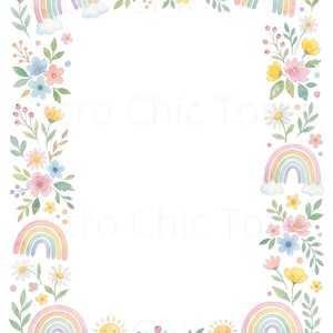 Puede incluir: Ilustración en acuarela de un borde con arcoíris, soles sonrientes, flores y follaje. El diseño presenta colores pastel y una estética caprichosa, ideal para papelería o invitaciones.