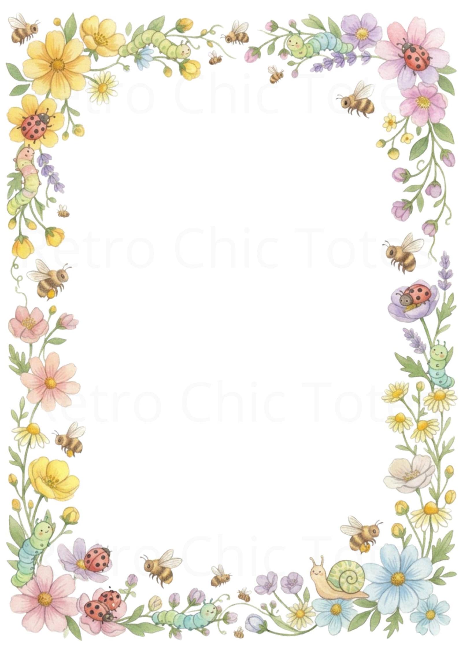 Cute Garden Bug Floral Border A4 Printable, Bees Ladybug Snail ...