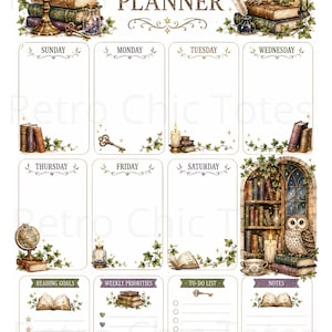 Könnte beinhalten: Eine Wochenplaner-Seite im Dark-Academia-Stil mit Illustrationen von Eulen, alten Bücherstapeln, brennenden Kerzen, Laternen, Schlüsseln und Efeuranken. Das Layout enthält tägliche Abschnitte von Sonntag bis Samstag sowie Bereiche für Leseziele, Prioritäten, eine Aufgabenliste und Notizen.