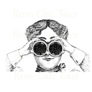 Könnte beinhalten: Schwarz-Weiß-Illustration einer Person, die ein Fernglas hält. Die Person trägt einen Schal und ein Hemd mit Kragen und Manschettenknöpfen. Der Text "Retro Chic Totes" befindet sich im Hintergrund.
