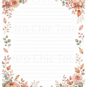 May include: A white lined stationery sheet featuring a decorative border of watercolor pumpkins, orange and brown autumn leaves, pink dahlia flowers, berries, and eucalyptus sprigs, accented with soft pink ribbons in the top corners.
