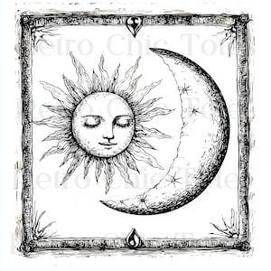 Sun and Moon PNG, Vintage Celestial Clipart, Mystic Astrology Art, Engraved Moon Phases Illustration, Occult Sun and Moon Digital Download